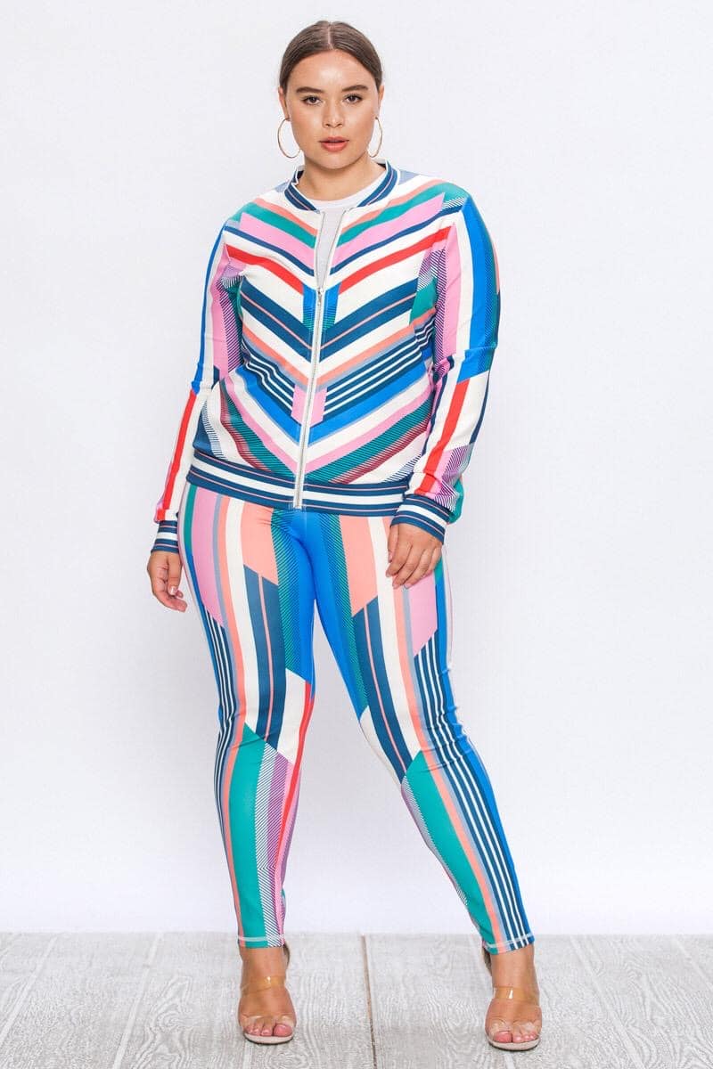 Model wearing the United Stripes athleisure wear tracksuit in various poses. The suit features stripes in white, pink, blue, green, turquoise, orange and tangerine.