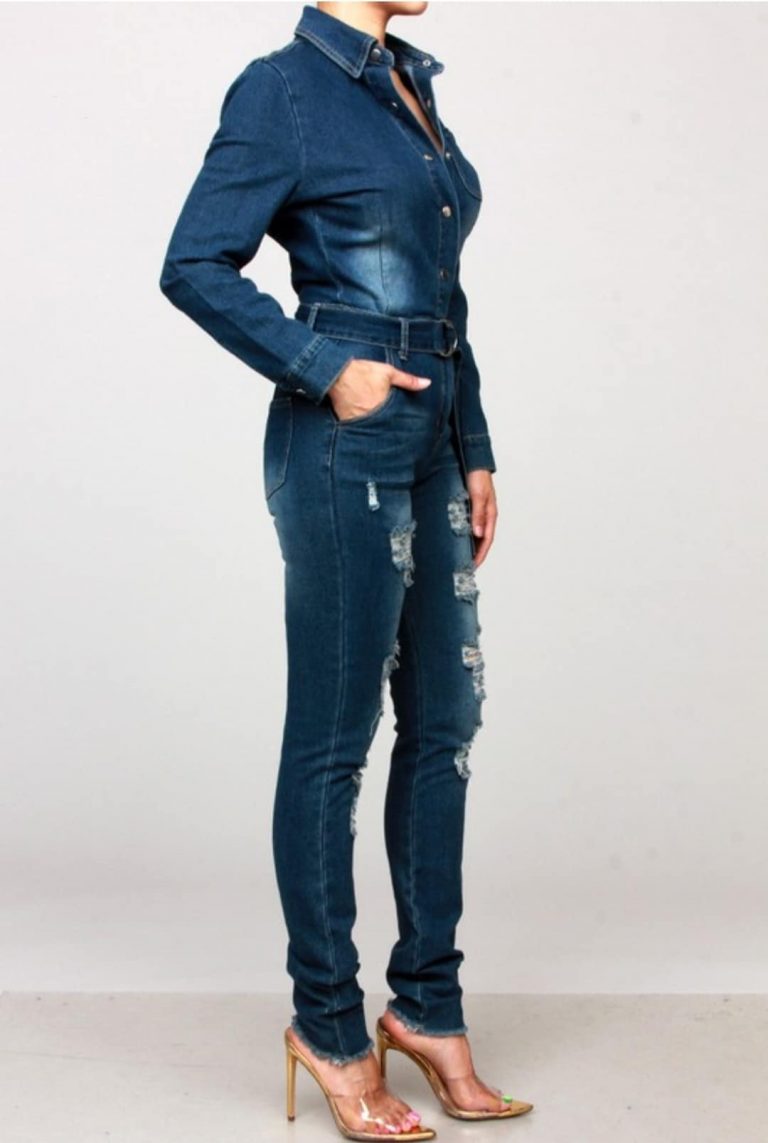 Juju Blue Jeans Distressed Belted Long Sleeve Denim Jumpsuit