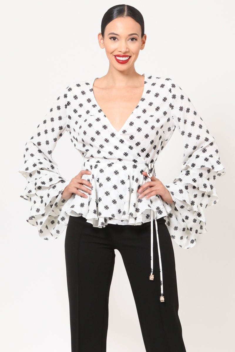 White Linda Layered Ruffle Bell Sleeves Print Top For Fall Winter Spring Summer