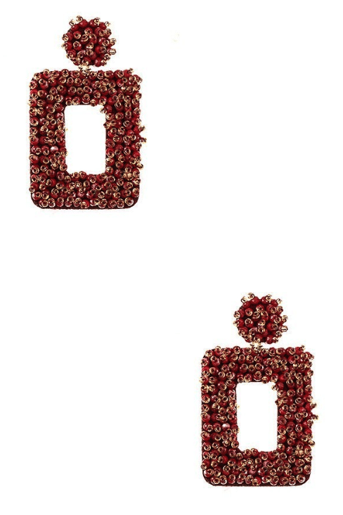 Red Beaded Open Rectangle Drop Earrings