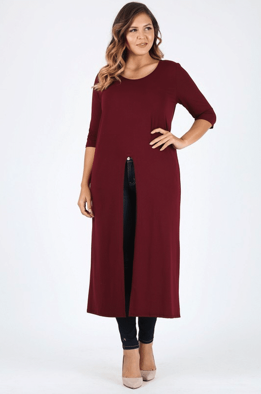 Burgundy So Mary Slit front Maxi Top - PLUS SIZE For Fall Winter Spring Summer