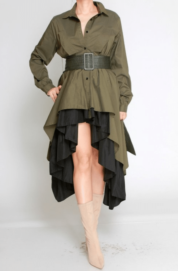 Model wearing asymmetric layered ruffle midi dress by Titi with wide belt and cross-front styling in olive and black, or black.