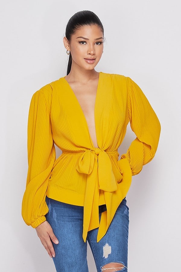 Yellow Fatima Pleated Plunge Neckline Tie Up Peplum Blouse Top For Fall Winter Spring Summer