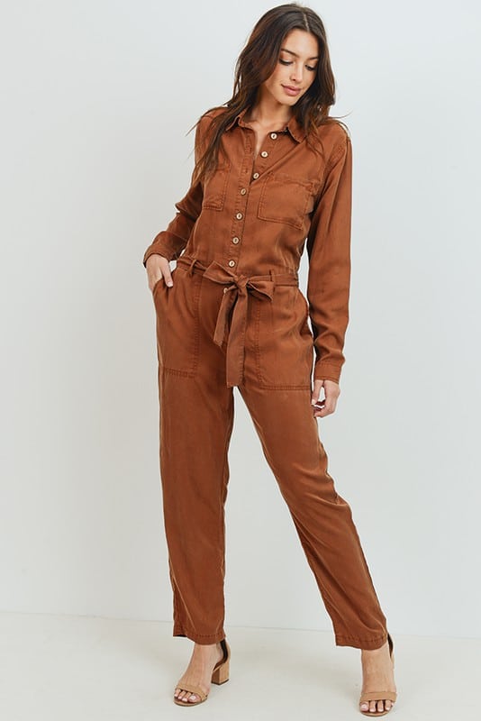 Rust Keira Buttoned Long Sleeve Tencel Jumpsuit