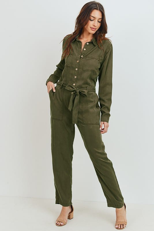 Olive Keira Buttoned Long Sleeve Tencel Jumpsuit For Fall Winter Spring Summer