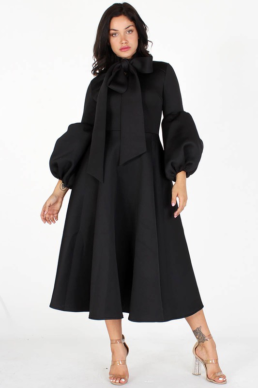 Black Adaku Puff Sleeves Midi Dress With Pockets For Fall Winter Spring Summer