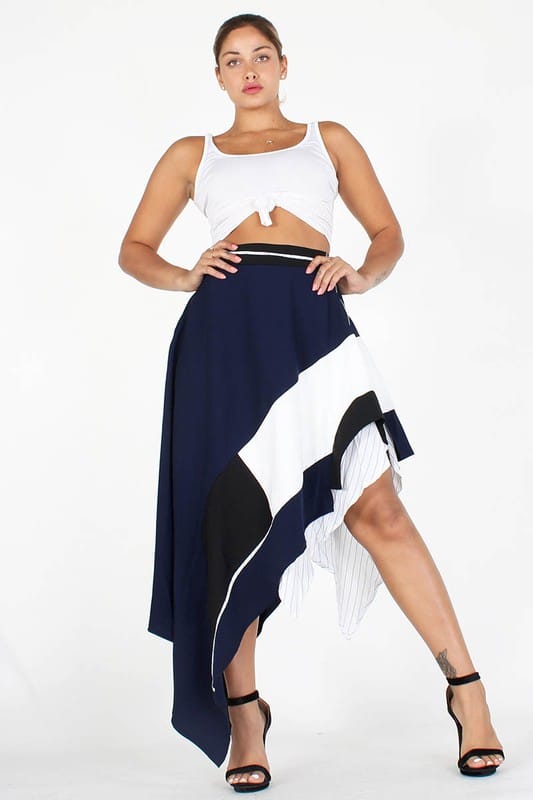 Tania Asymmetric Double Layered Blue White Black Skirt With Zipper For Fall Winter Spring Summer