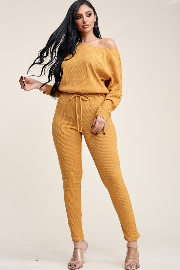 Mustard Yellow Kemi Slouchy Long Sleeve Jumpsuit With Pockets For Fall Winter Spring Summer