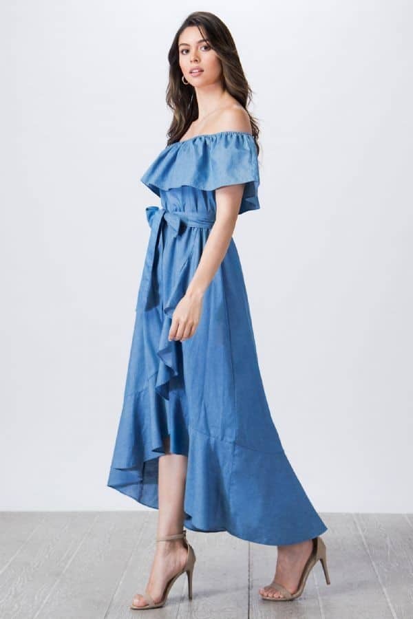 Sia Off Shoulder Chambray Belted Dress