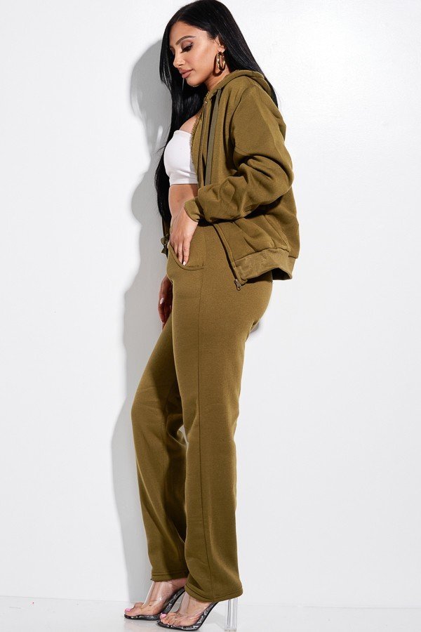 Olive Jasmine Hooded Full Length Zip Tracksuit Set For Fall Summer Spring Winter