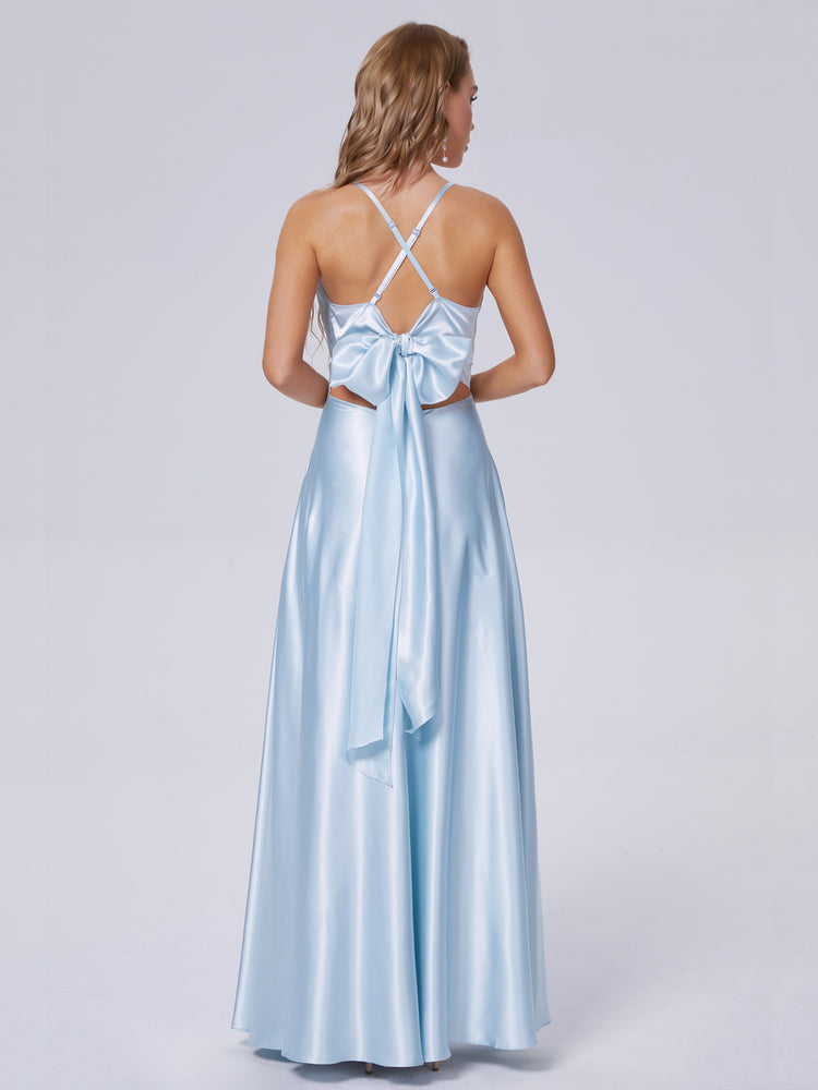 beautiful bridesmaid in long sky blue bridesmaid dress