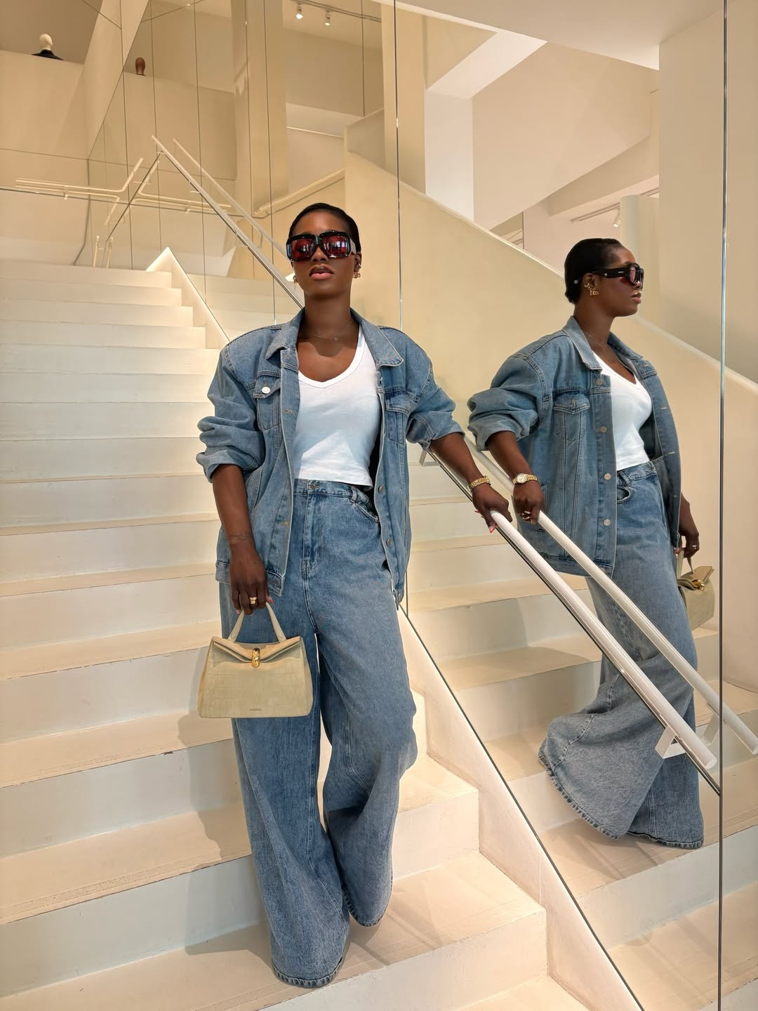 woman wearing double denim summer capsule wardrobe essential