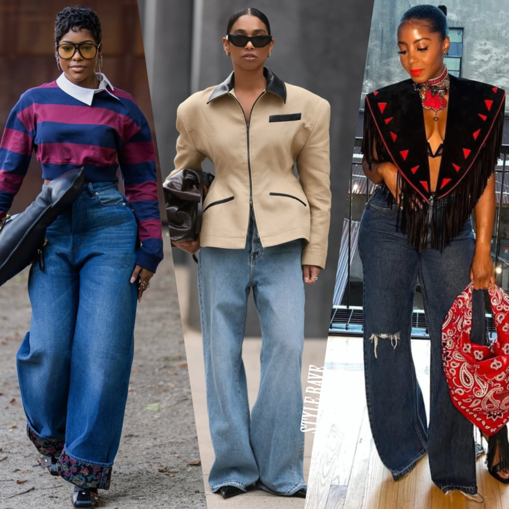 women wearing flare jeans