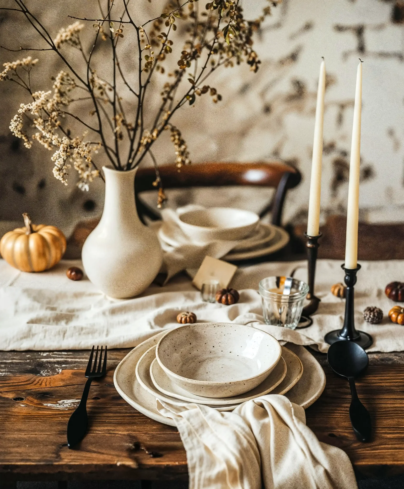 Обеденный стол, украшенный осенним светом, удобным для дома, горячими свечами и сезонными листьями.