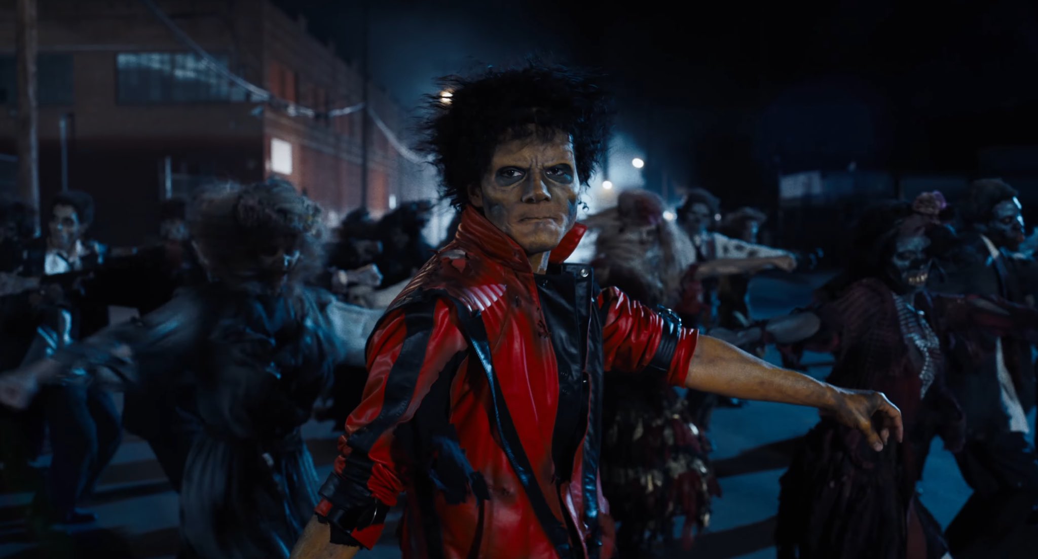 Jaafar Jackson as Michael Jackson recreating the iconic Thriller music video scene in the upcoming biopic