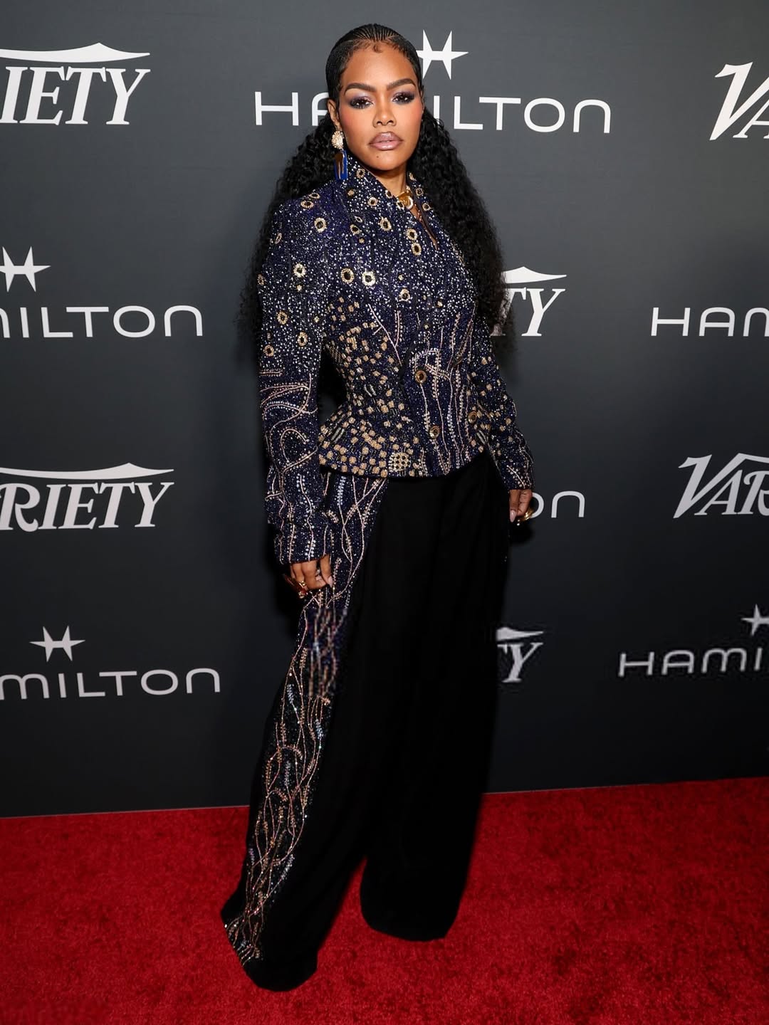 Teyana Taylor commands attention in a gold-embroidered Rahul Mishra design at the 14th Annual Hamilton Behind the Camera Awards.