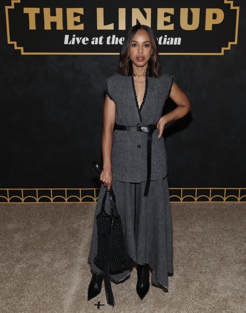 Kerry Washington in a monochrome look that blends structure and ease, ideal for a polished celebrity Thanksgiving outfit.