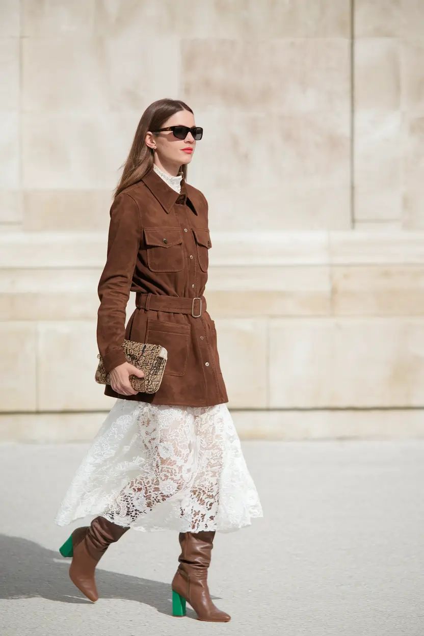 woman styling faux suede jacket with lace skirt and boots