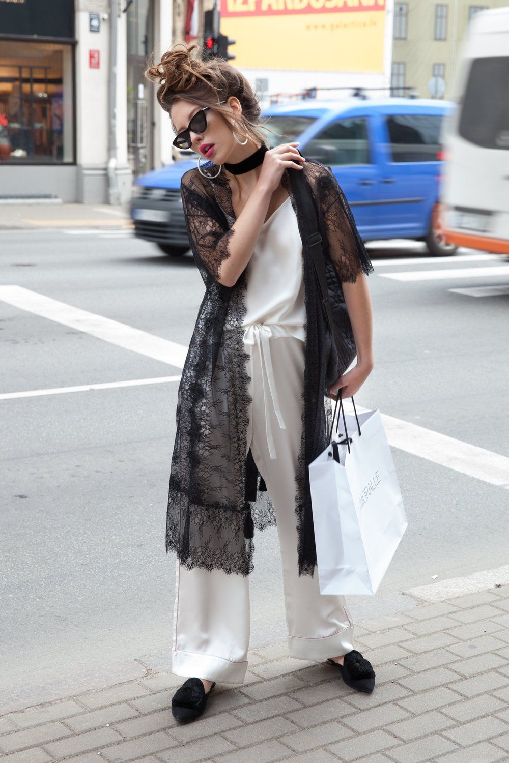 woman wearing lingerie as clothes with lace jacket