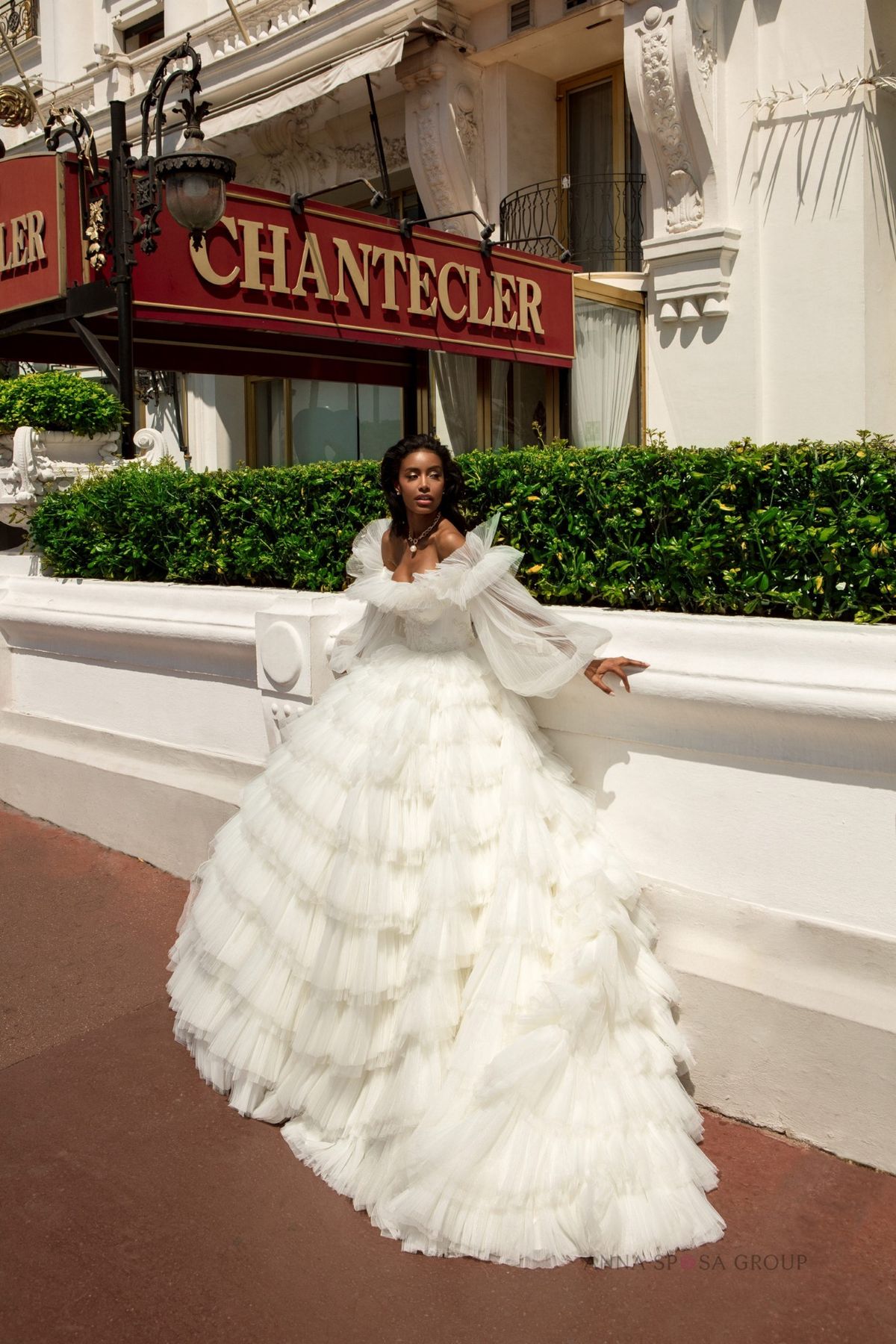 woman wearing a voluminous wedding dress in fall