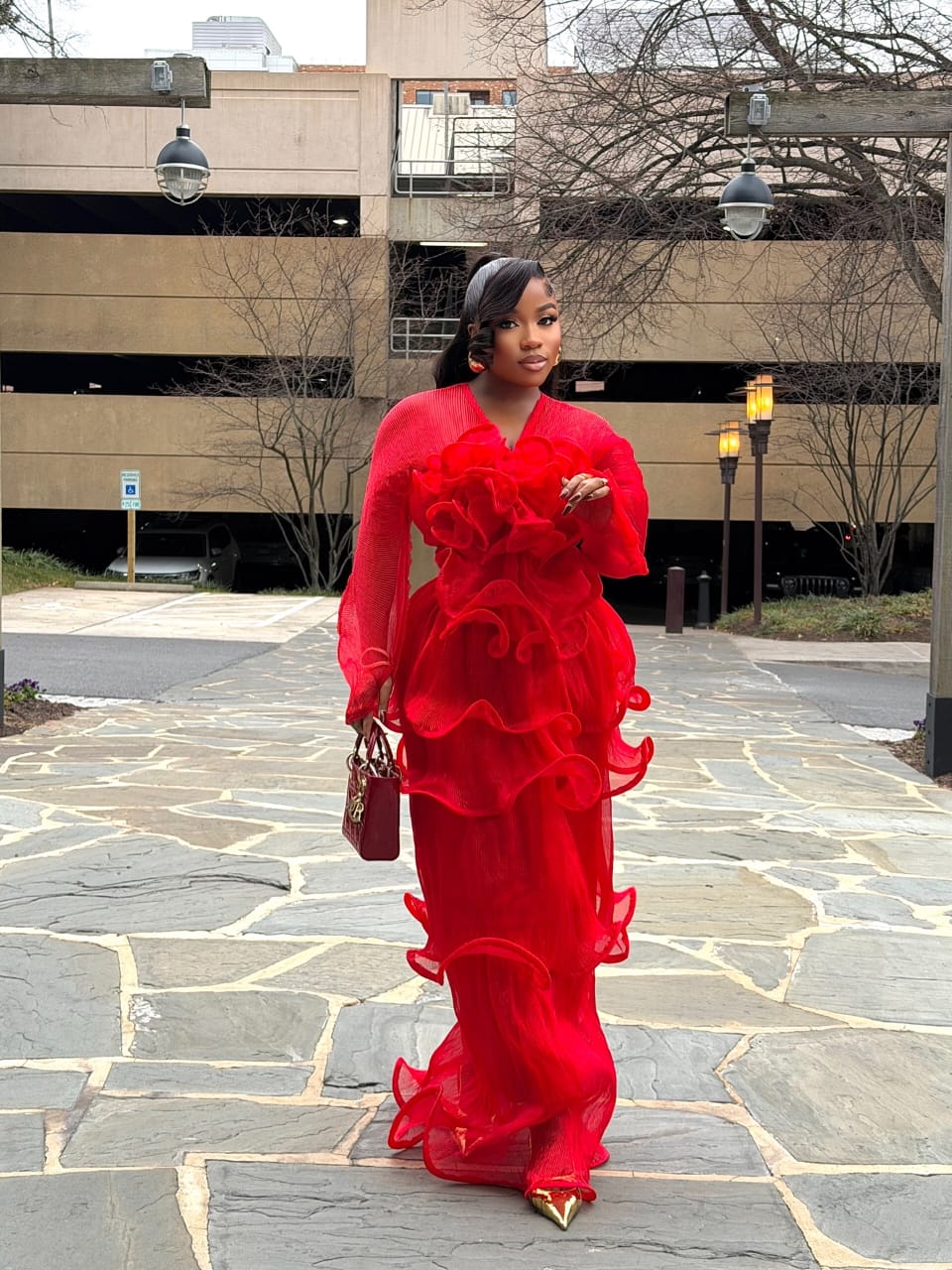 woman wears christmas colors red fashion dress