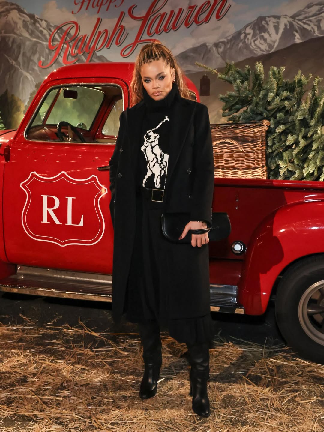 Andra Day wearing a chic look at the Ralph Lauren Holiday Experience media preview in West Hollywood.