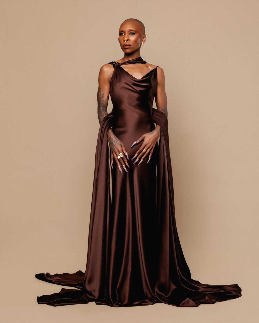 Cynthia Erivo wearing an espresso silk satin Danielle Frankel gown with asymmetric draping at the Santa Barbara Film Festival.