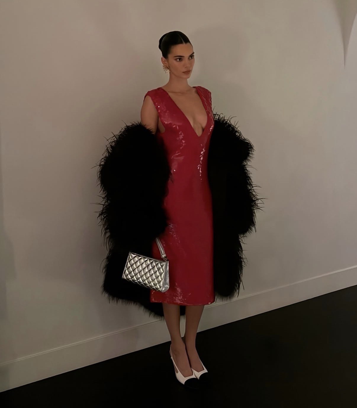celebrity kendall jenner wears red dress with fur coat for new year