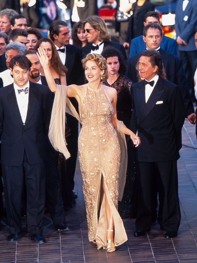 Sharon Stone in a nude embellished Valentino gown at the 1995 Cannes Film Festival — iconic Valentino dresses