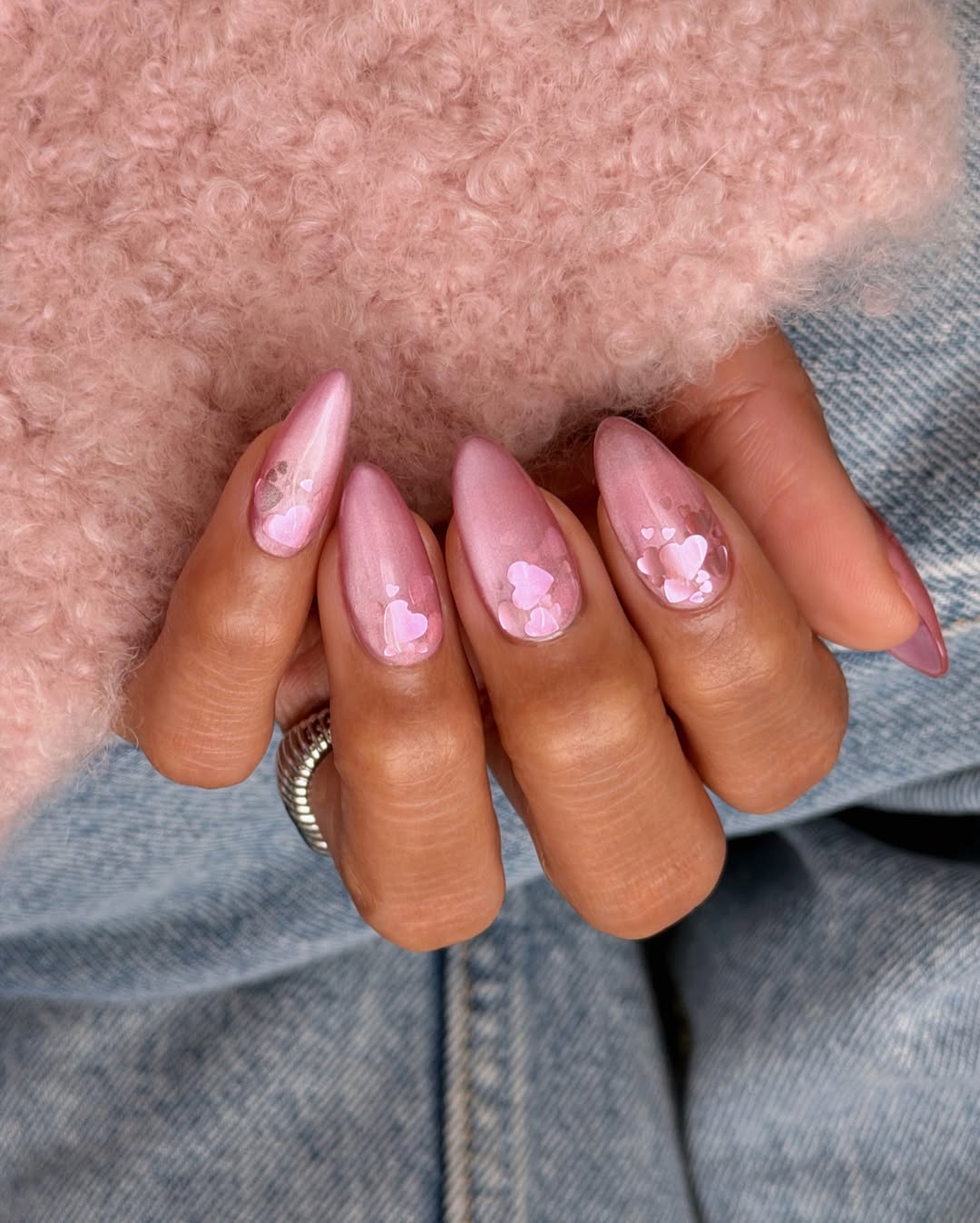 shimmering pink heart nails