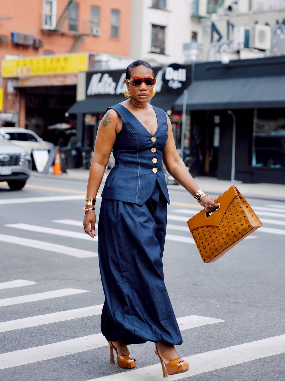Tailored denim vest paired with matching trousers— denim on denim 2026 trend