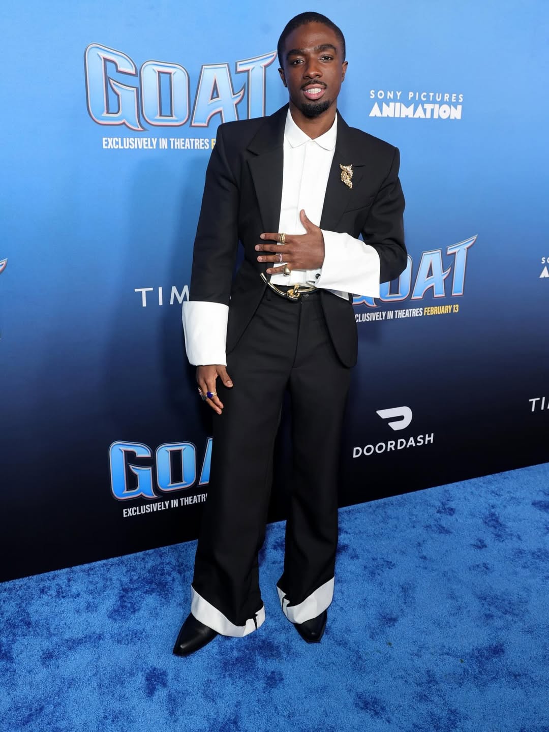 Caleb McLaughlin wearing Egonlab Spring Summer 2026 at a Los Angeles film premiere, styled by Katie Gianoulis.