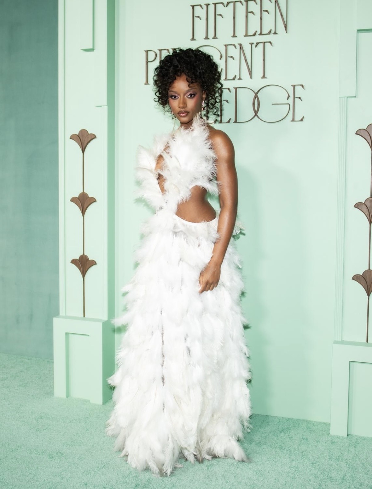 Ayra Starr in white feathered Tia Adeola gown at Fifteen Percent Pledge Fundraising Gala Los Angeles — Love and New Notes film premiere style reference