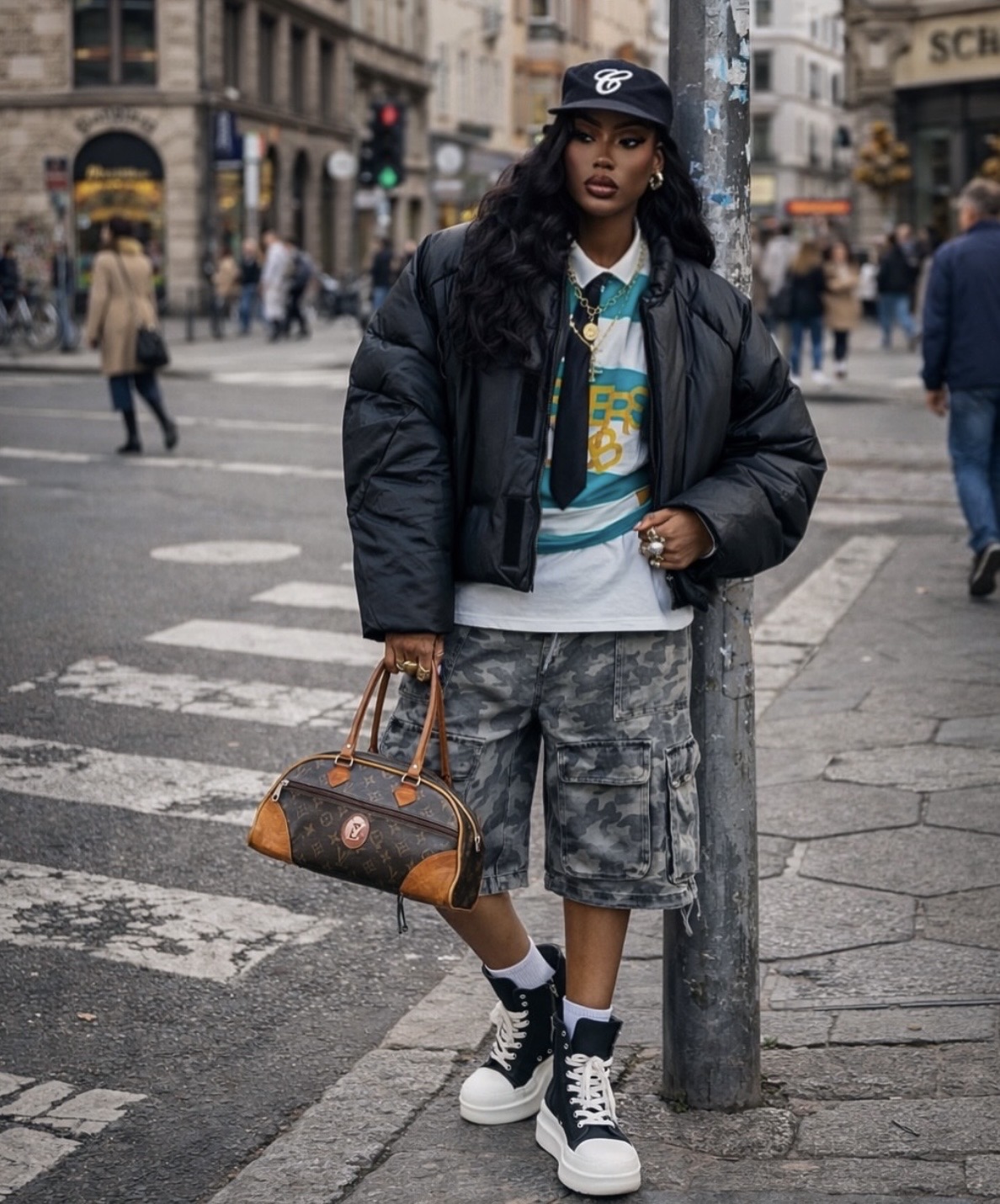 Varsity bomber jacket concert outfit styled with platform sneakers and cropped top— concert outfit ideas women