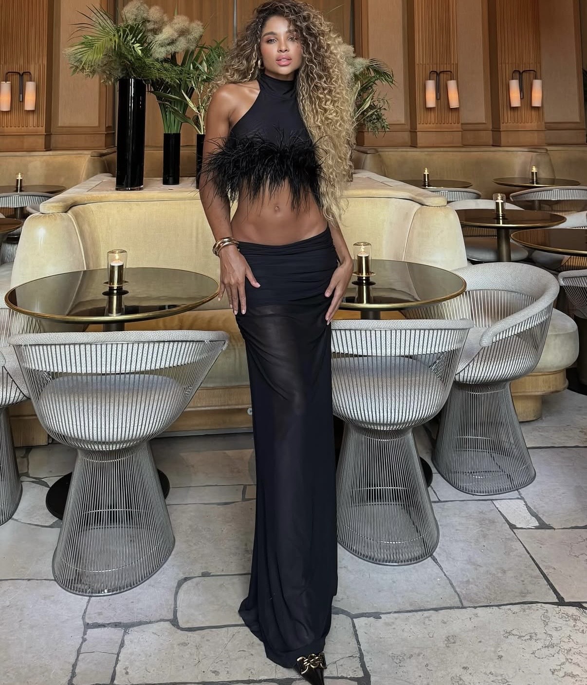 Silk maxi pencil skirt styled with camisole—maxi pencil skirt outfit ideas