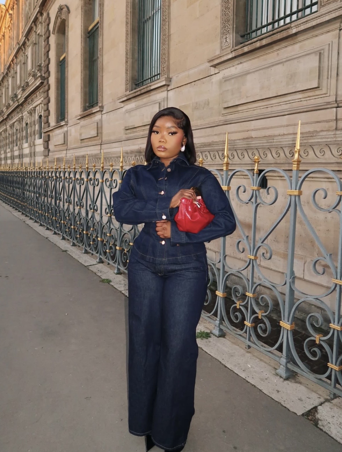 Classic denim shirt paired with straight-leg jeans for denim on denim 2026 trend