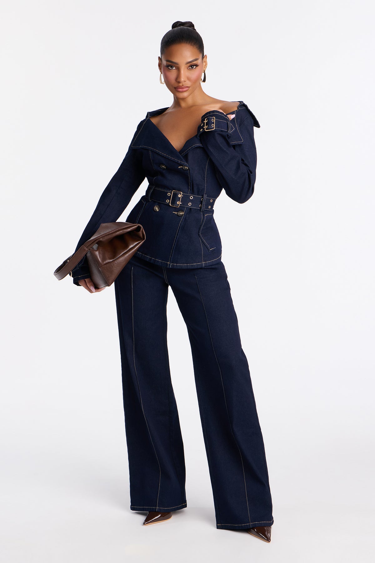 Ellanor belted trench denim set — Stylish Fashion Nova denim sets