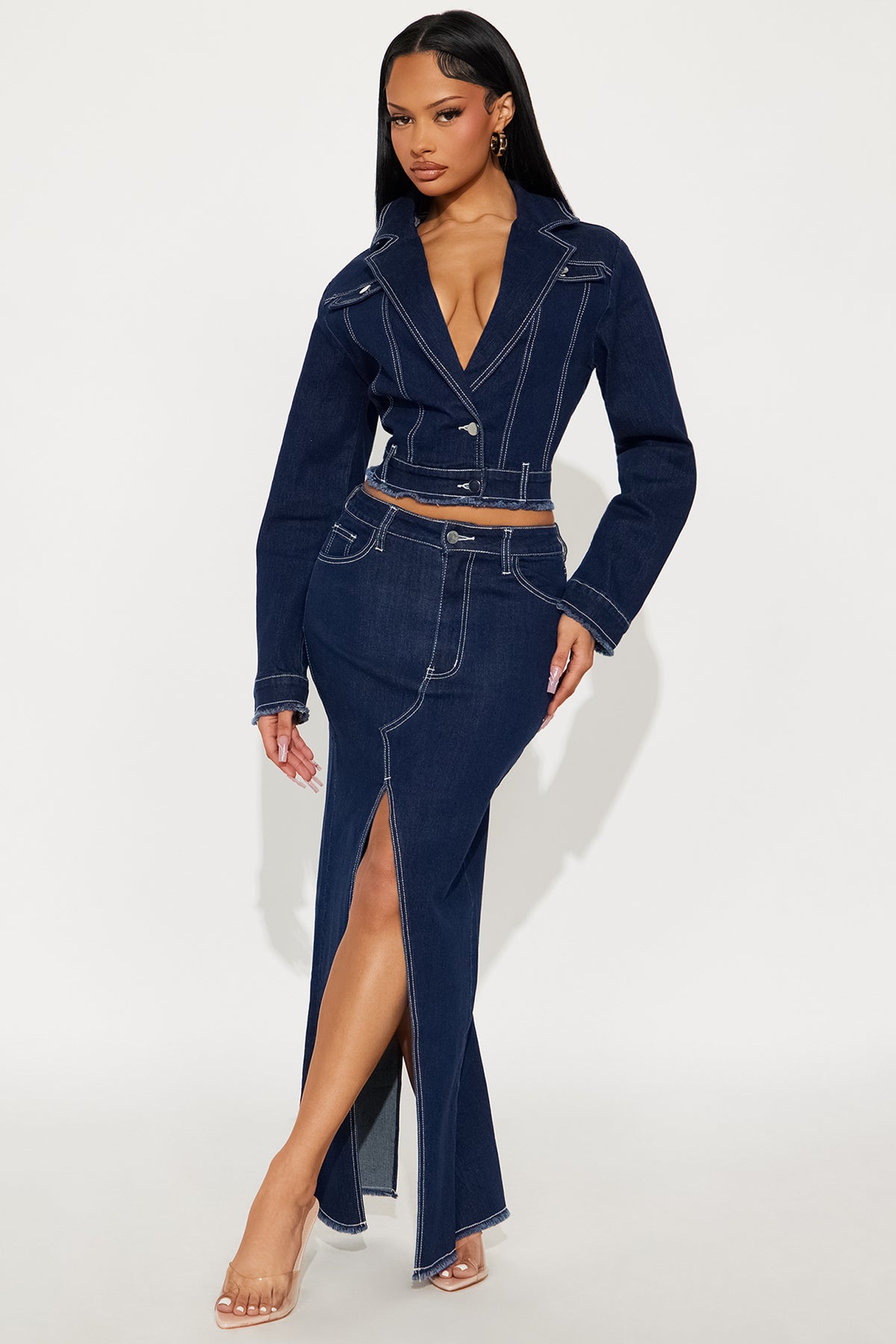 Midnight Mood dark wash denim trench set— Stylish Fashion Nova denim sets