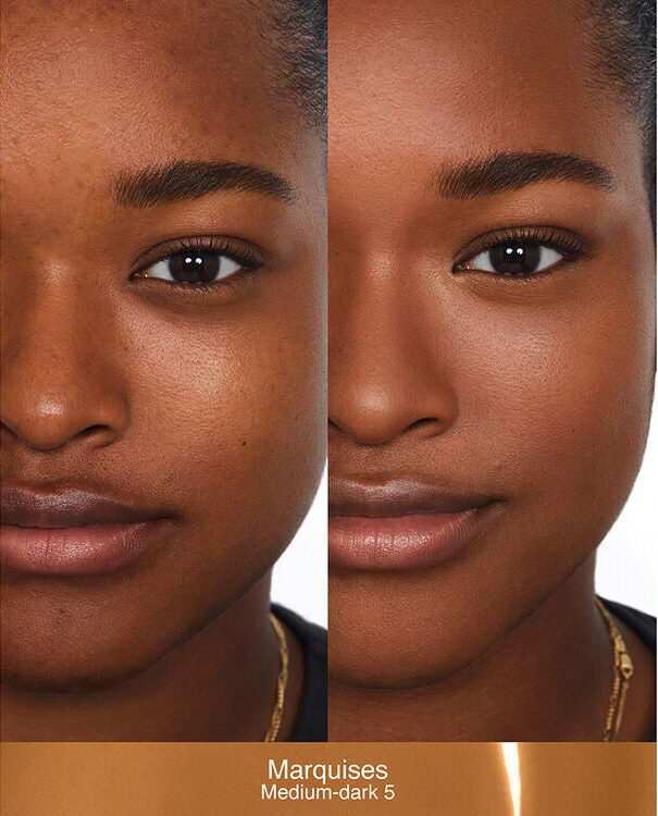 Before and after makeup using NARS Sheer Glow Foundation natural finish