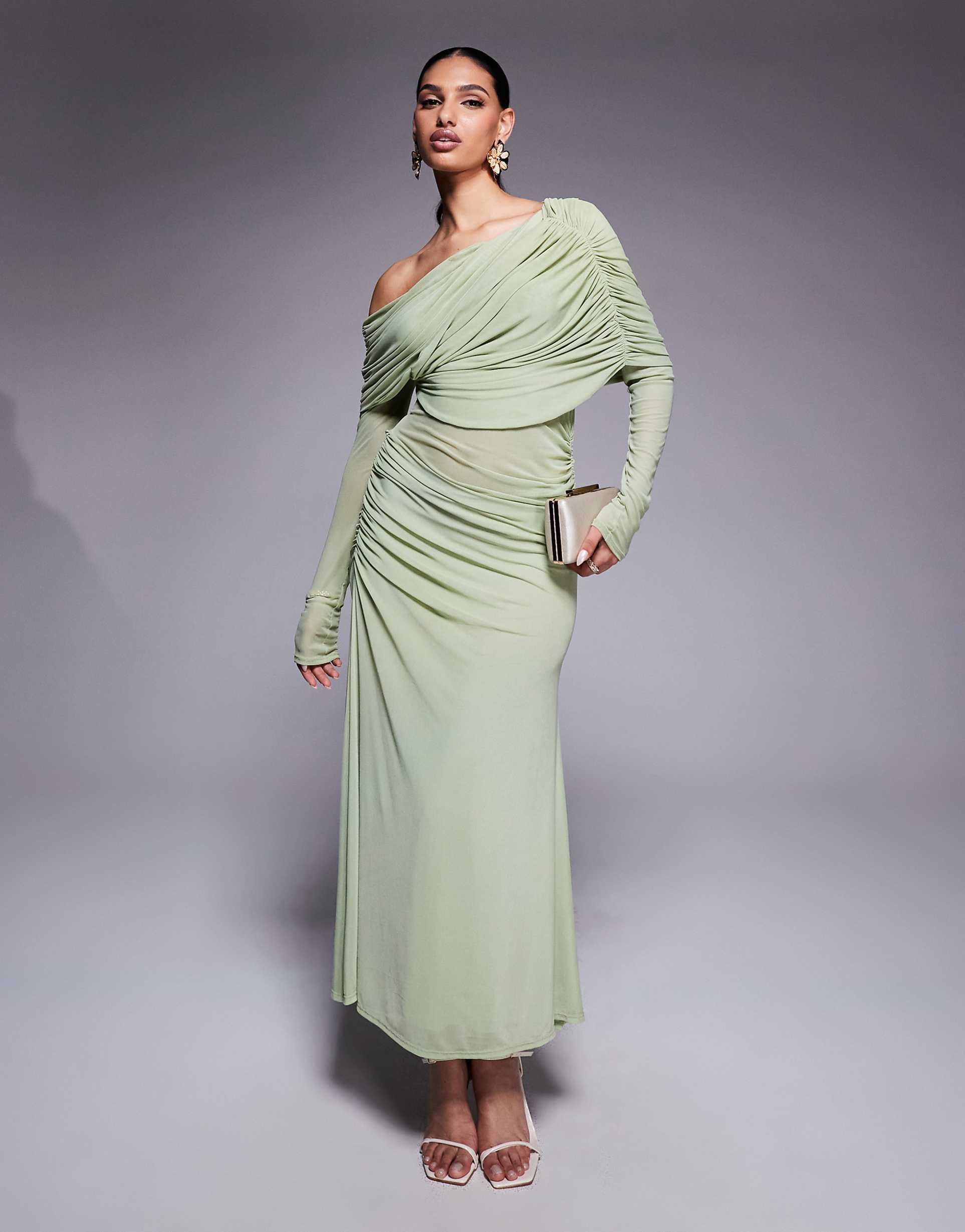 A sage green Bardot mesh dress styled for a dinner date outfit — sage green styling for spring