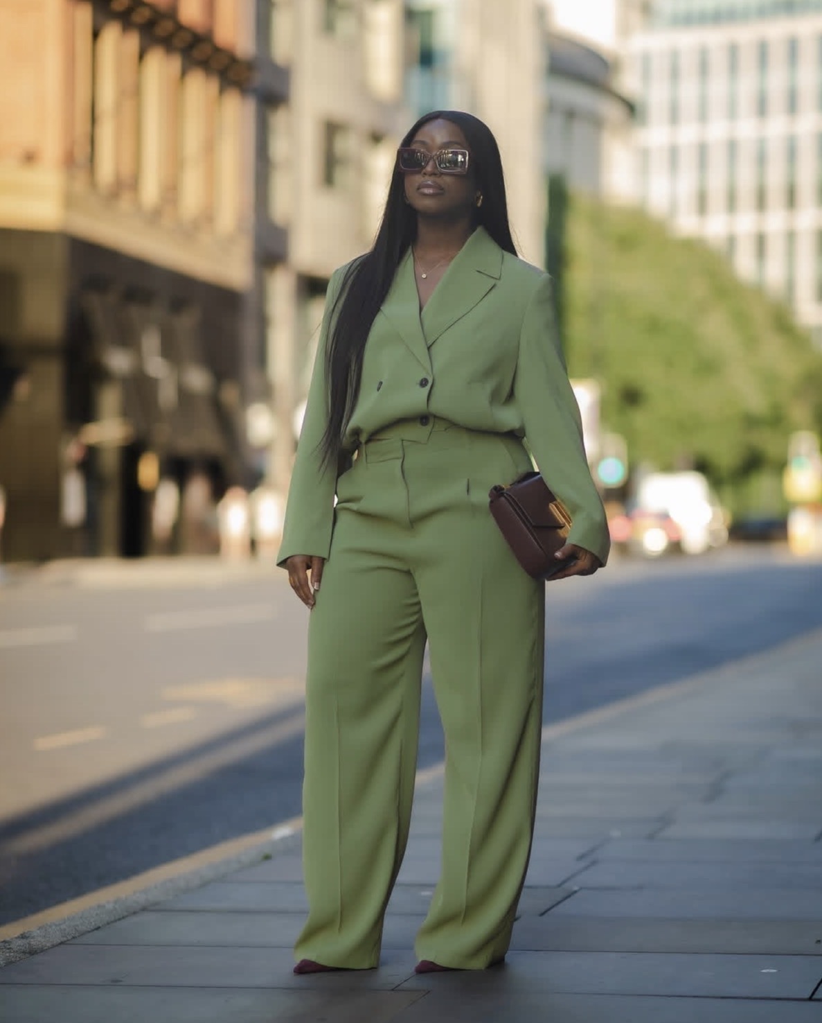 Sage green tailored suit set with wide-leg pants for a work outfit— sage green styling for spring
