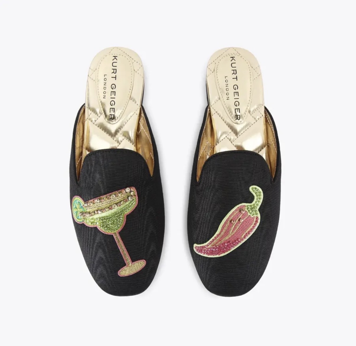 Black embroidered slip-on flat with a playful cocktail and chili pepper design — slip-on dress shoes for women