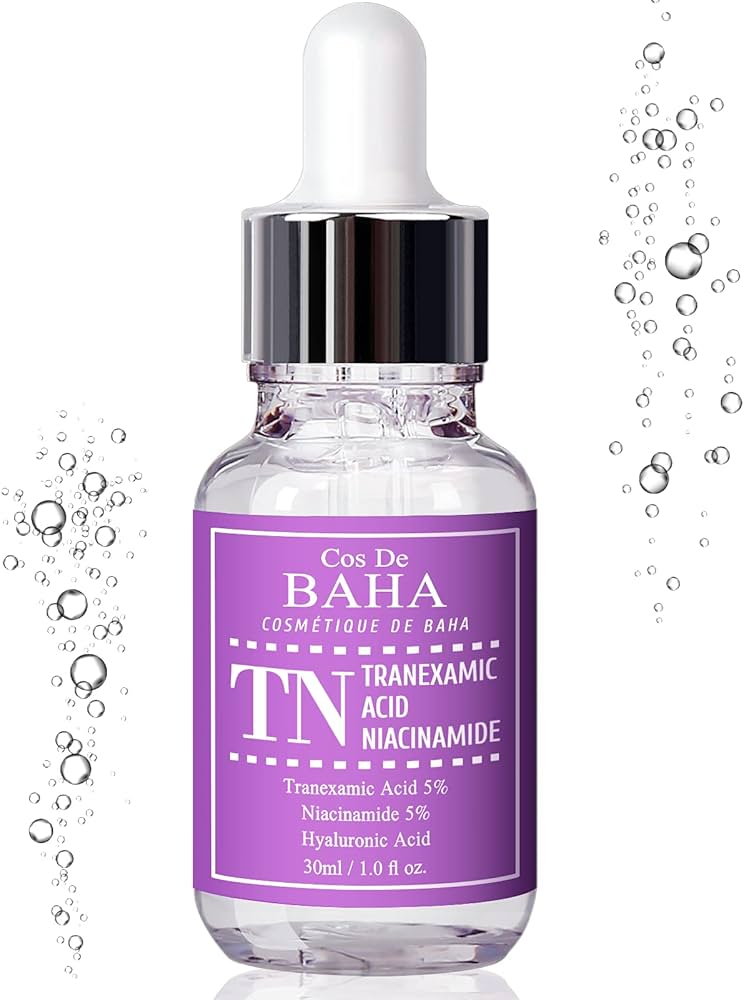Cos de Baha 5% Tranexamic Acid Serum dropper bottle close-up texture shot— top-rated tranexamic acid serum 2026