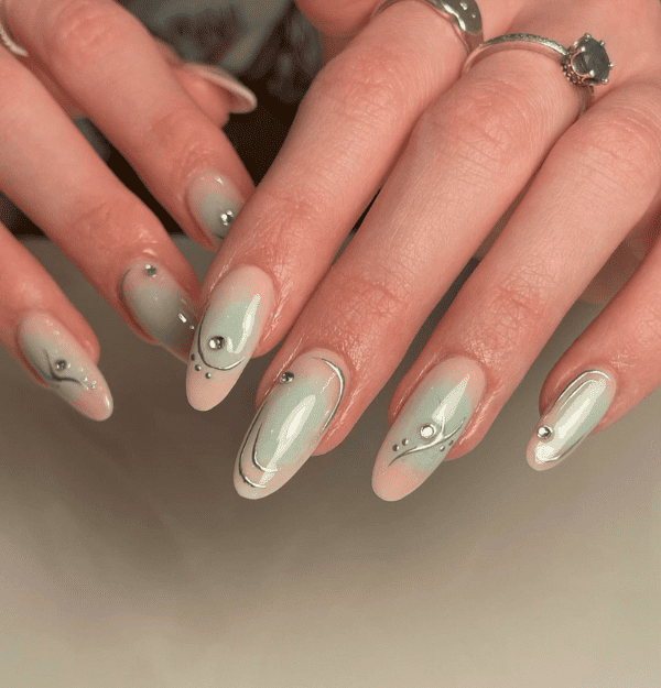 Sage green and pink ombré nails with chrome lines and rhinestones — sage green nails for spring