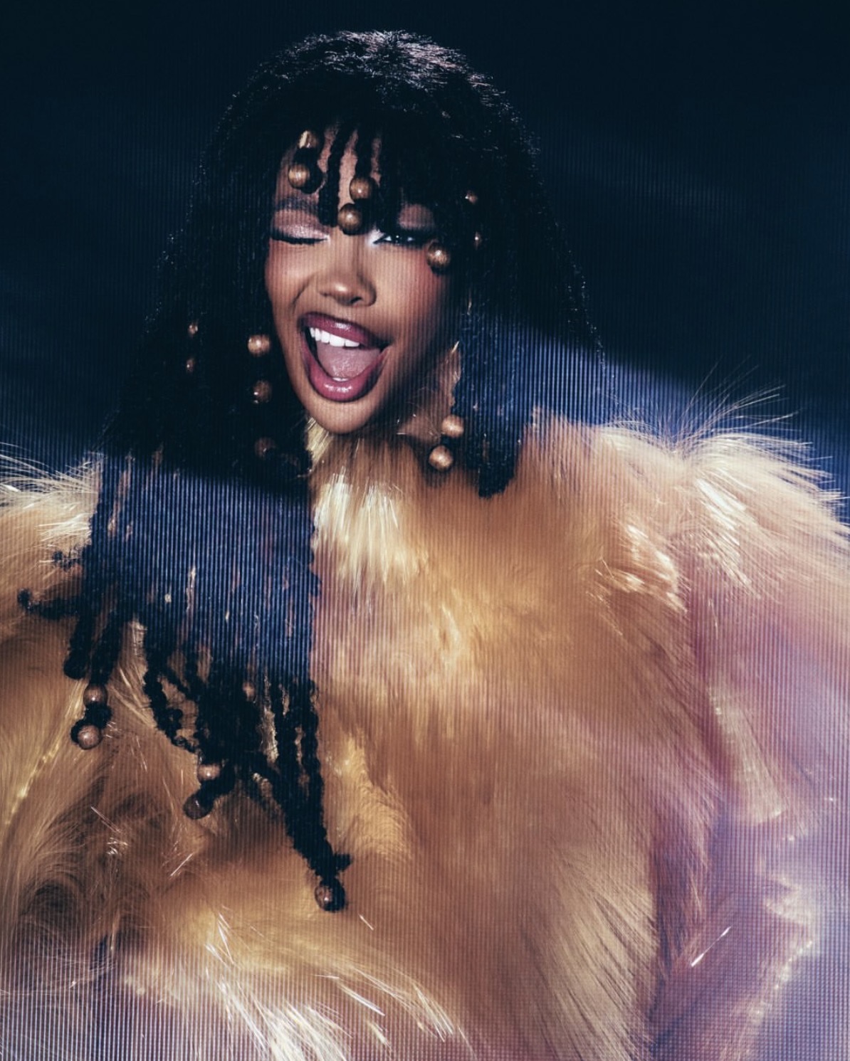 SZA's beaded locs hairstyle with large gold beads in editorial shoot for i-D Magazine — editorial beauty looks