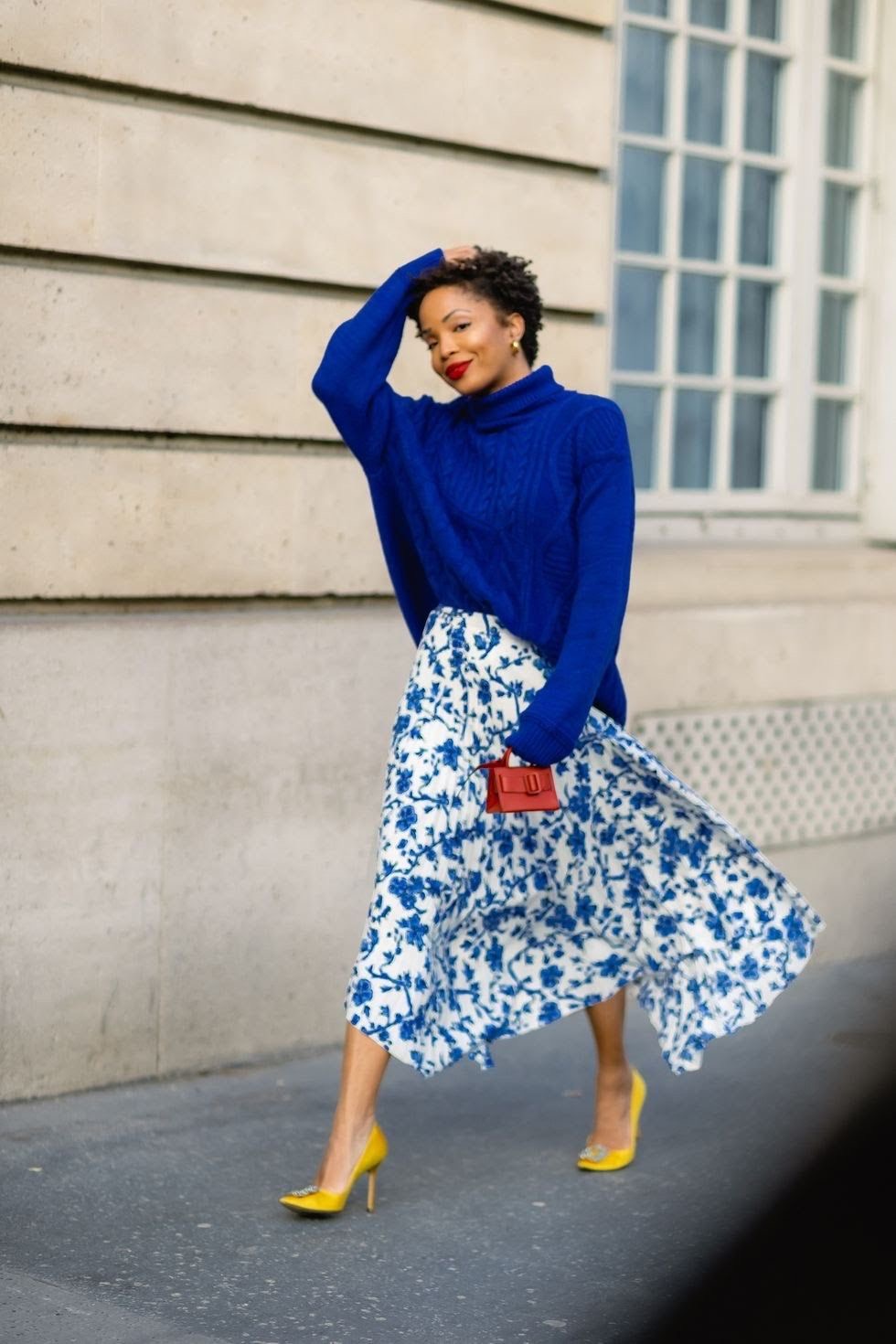 A cobalt sweater styled with a breezy midi skirt for a spring outfit — Cobalt Blue Spring Trend
