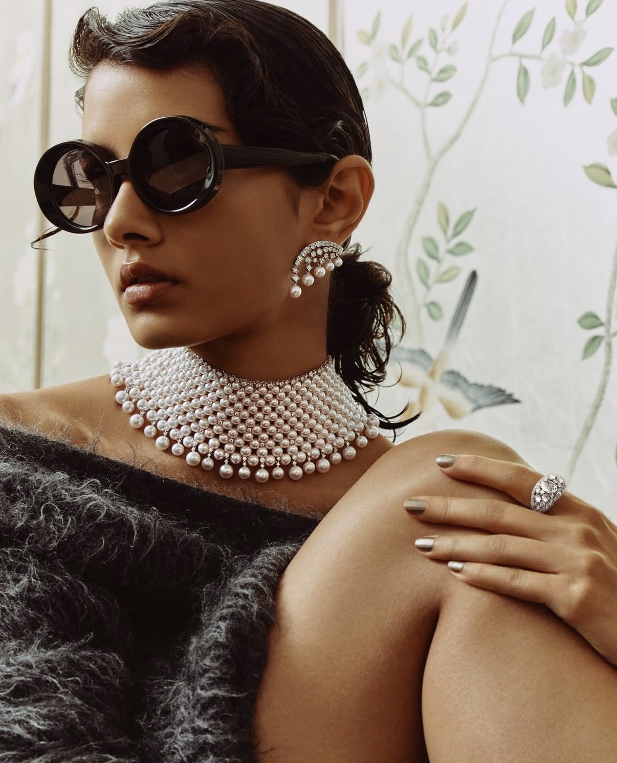 Editorial shot featuring Mikimoto modern pearl necklace