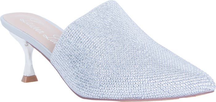 Rhinestone slip-on mule with soft stretch fabric for comfortable glam styling — slip-on dress shoes for women