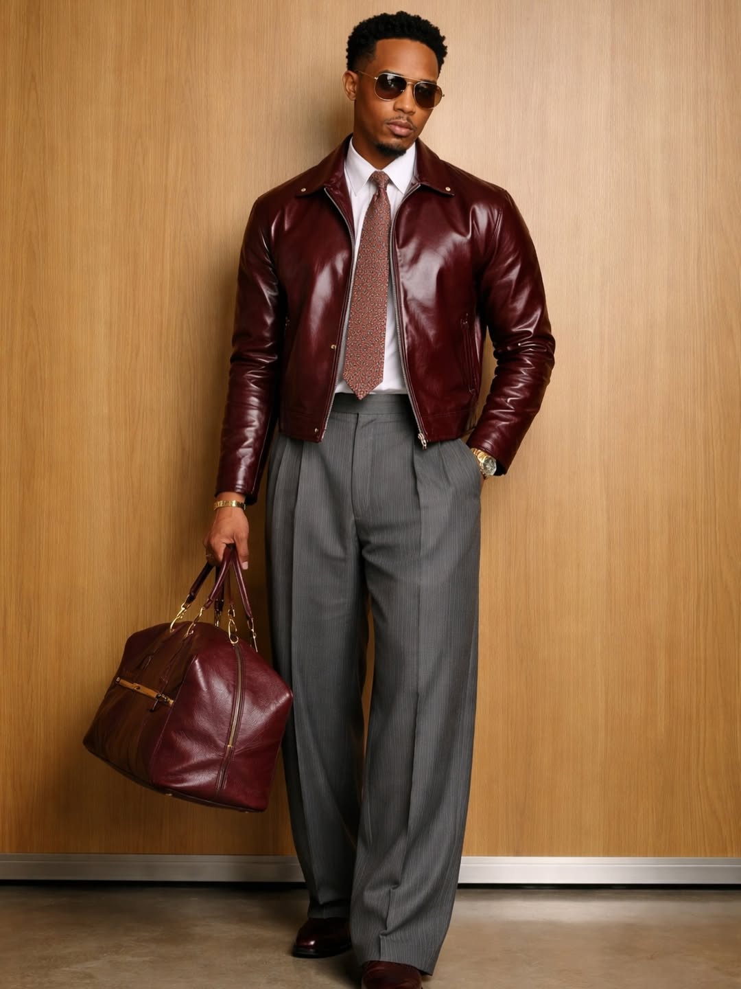 man wearing red heirloom leather jacket