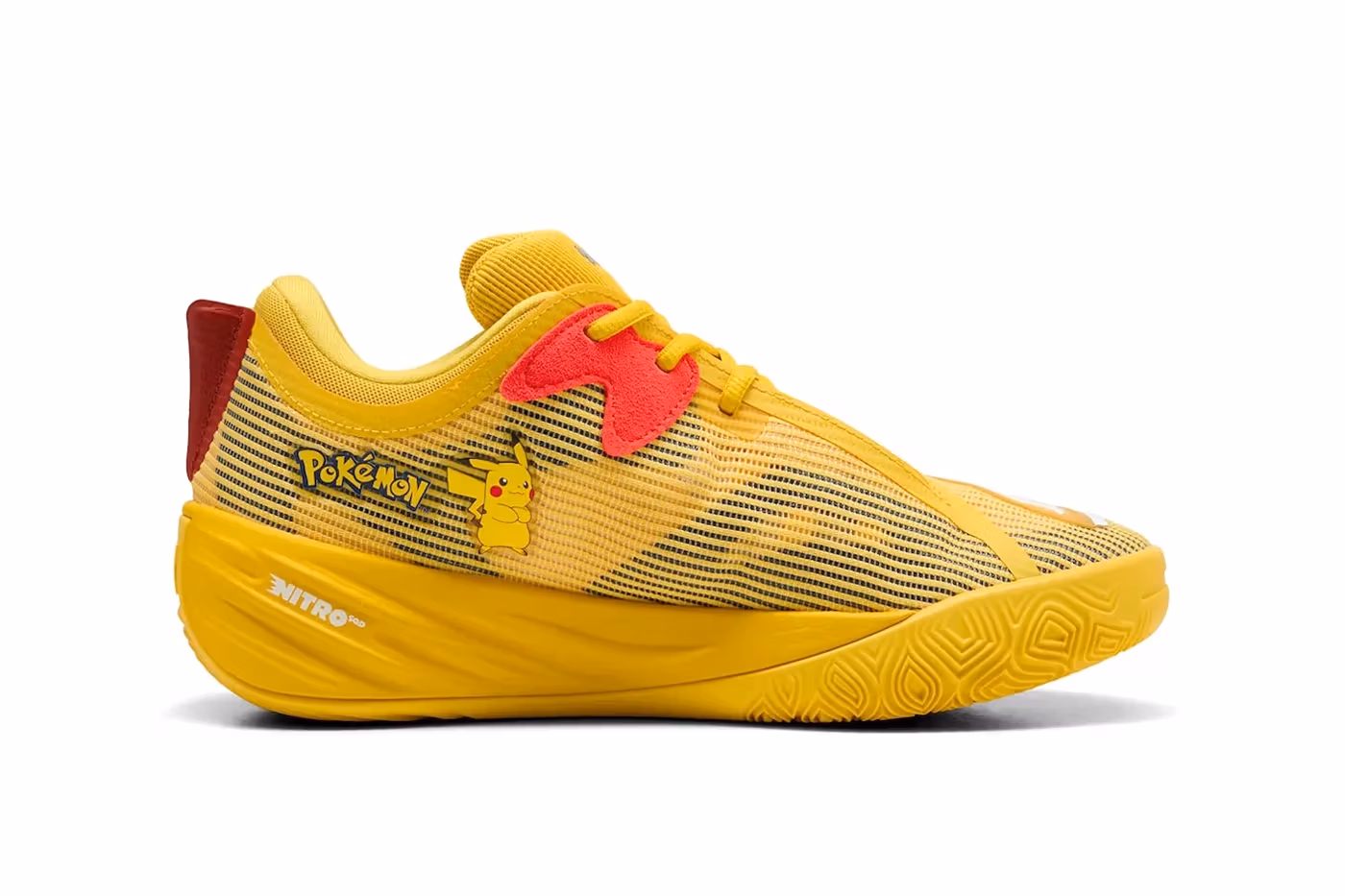 Red suede eyestay accent on Puma Pikachu shoes basketball sneaker